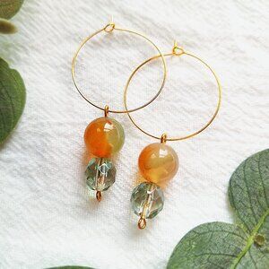 Agate Crystal Thin Gold Hoops, Handmade Cottagecore Earrings, Vintage 70s
